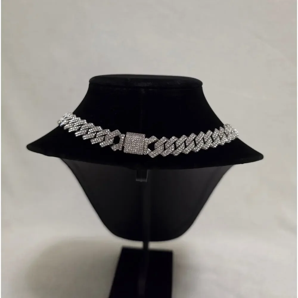 Iced Out Cuban Link Chain Necklace Silver Tone Rhinestone Choker